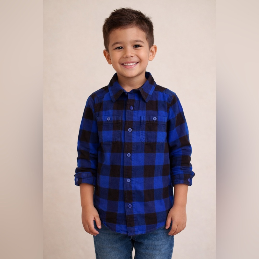 Flannel Black And Blue Button Down Plaid Shirt Size 6/7